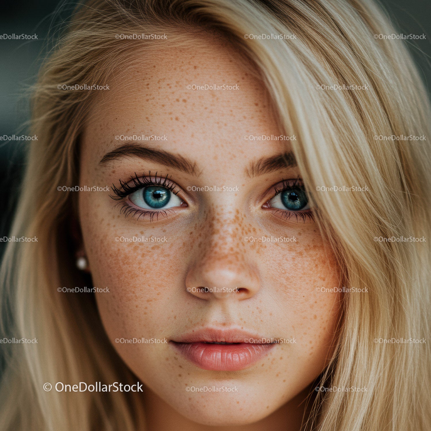 Close up portrait of young woman with blue eyes and freckles