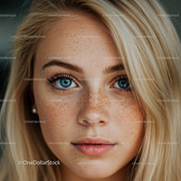 Close up portrait of young woman with blue eyes and freckles