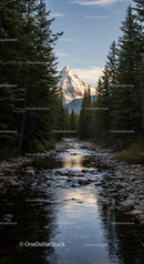 Snow-capped mountain framed by dense pine forest and river