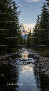 Snow-capped mountain framed by dense pine forest and river