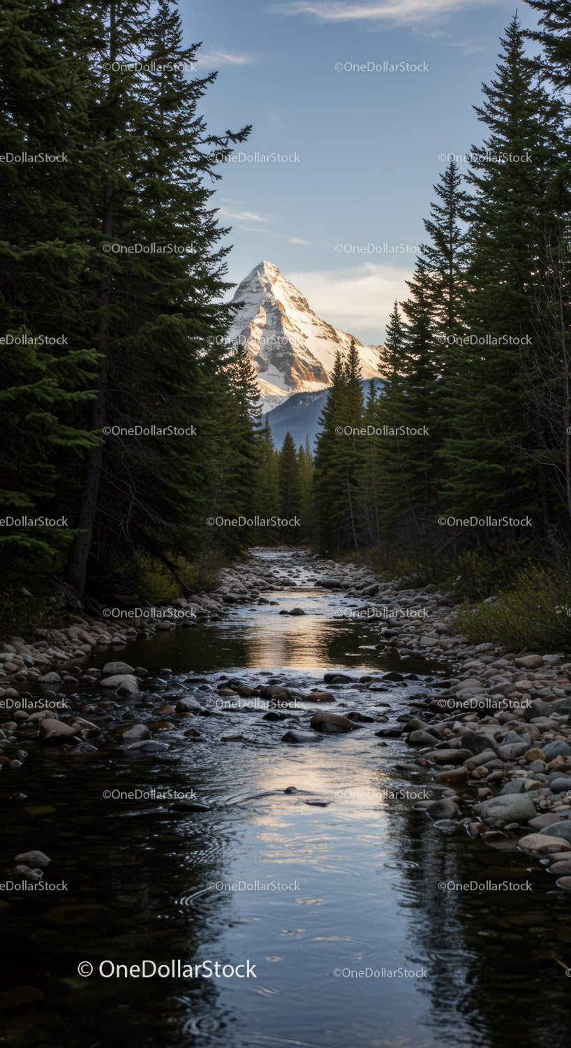 Snow-capped mountain framed by dense pine forest and river