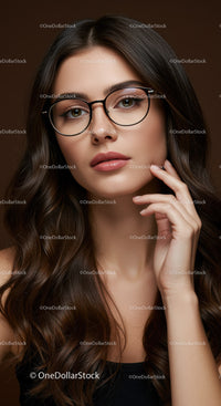 Elegant Woman with Long Hair and Stylish Glasses in Studio Portrait