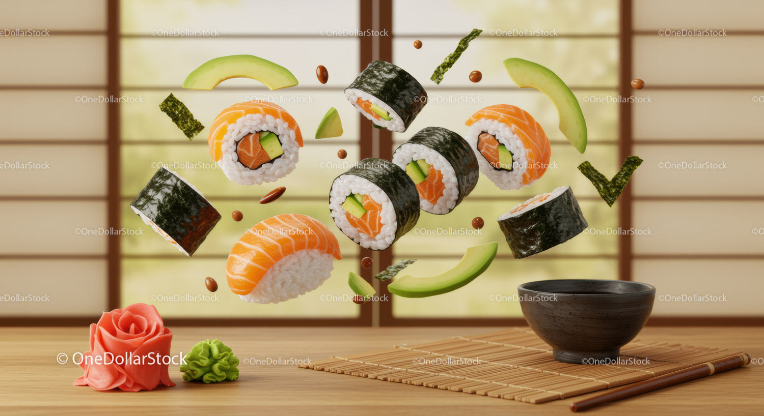 Pływające rolki sushi z awokado i miską sosu sojowego