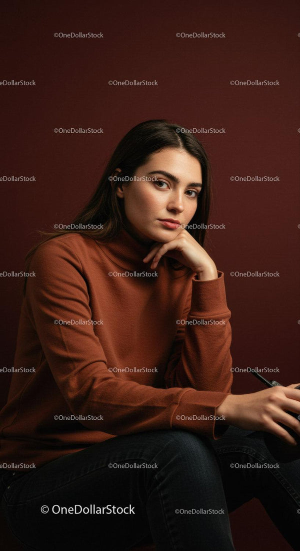 Pewna siebie kobieta w brązowym golfie siedząca na tle ciemnoczerwonym