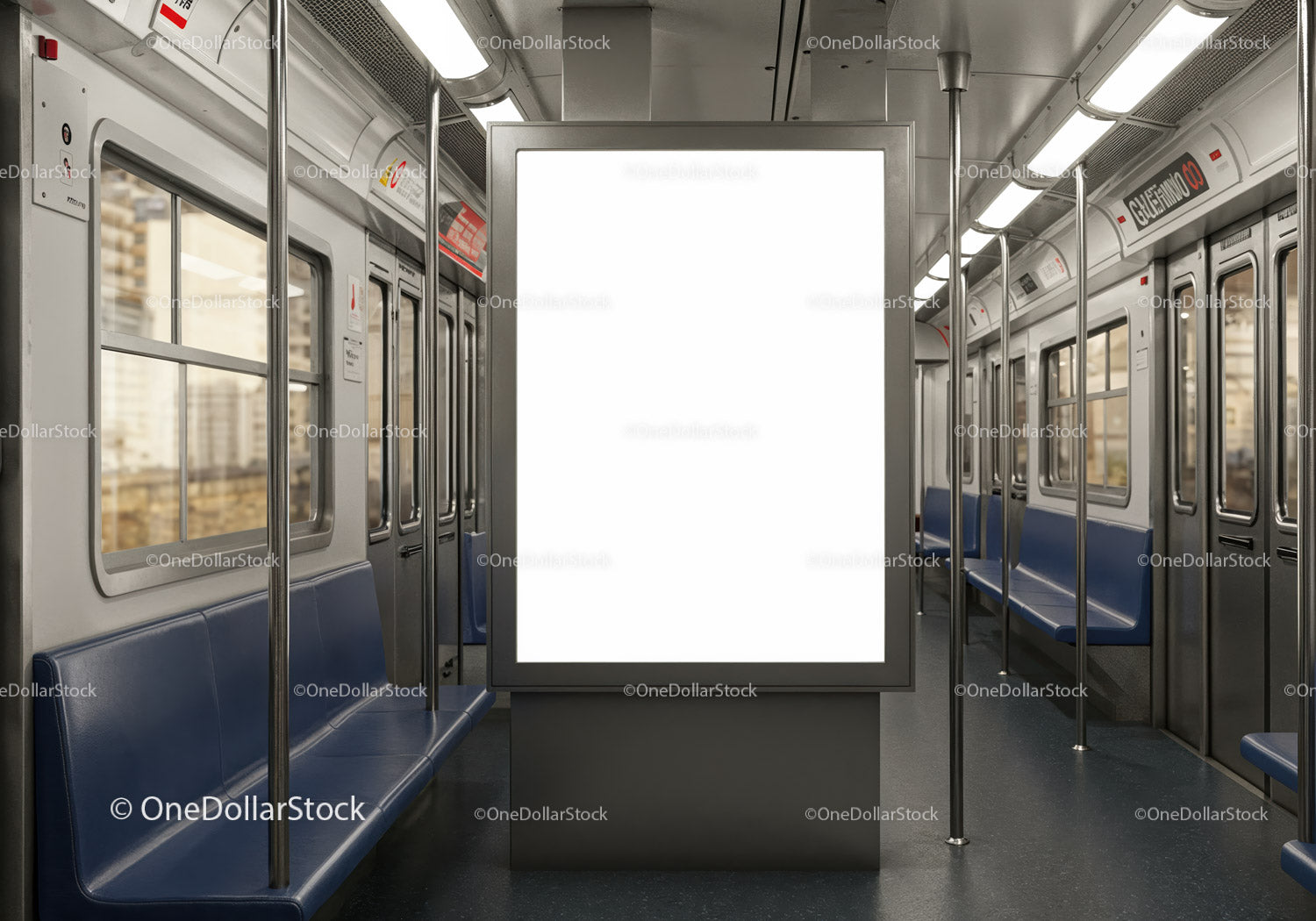 Empty urban subway car with illuminated advertisement board