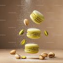 Green pistachio macarons with powdered sugar splash