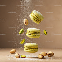 Green pistachio macarons with powdered sugar splash