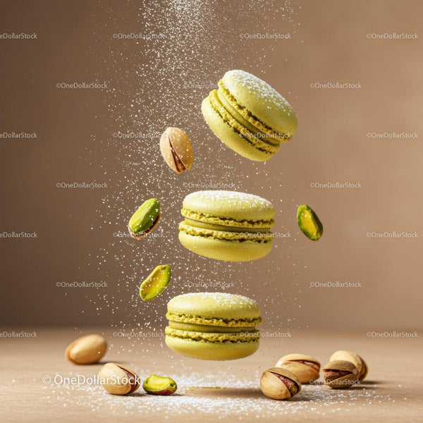 Green pistachio macarons with powdered sugar splash