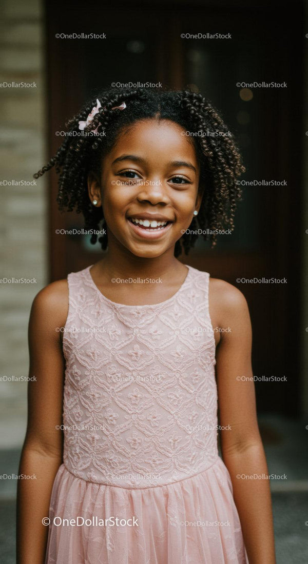 Smiling young girl in pink lace dress outdoors