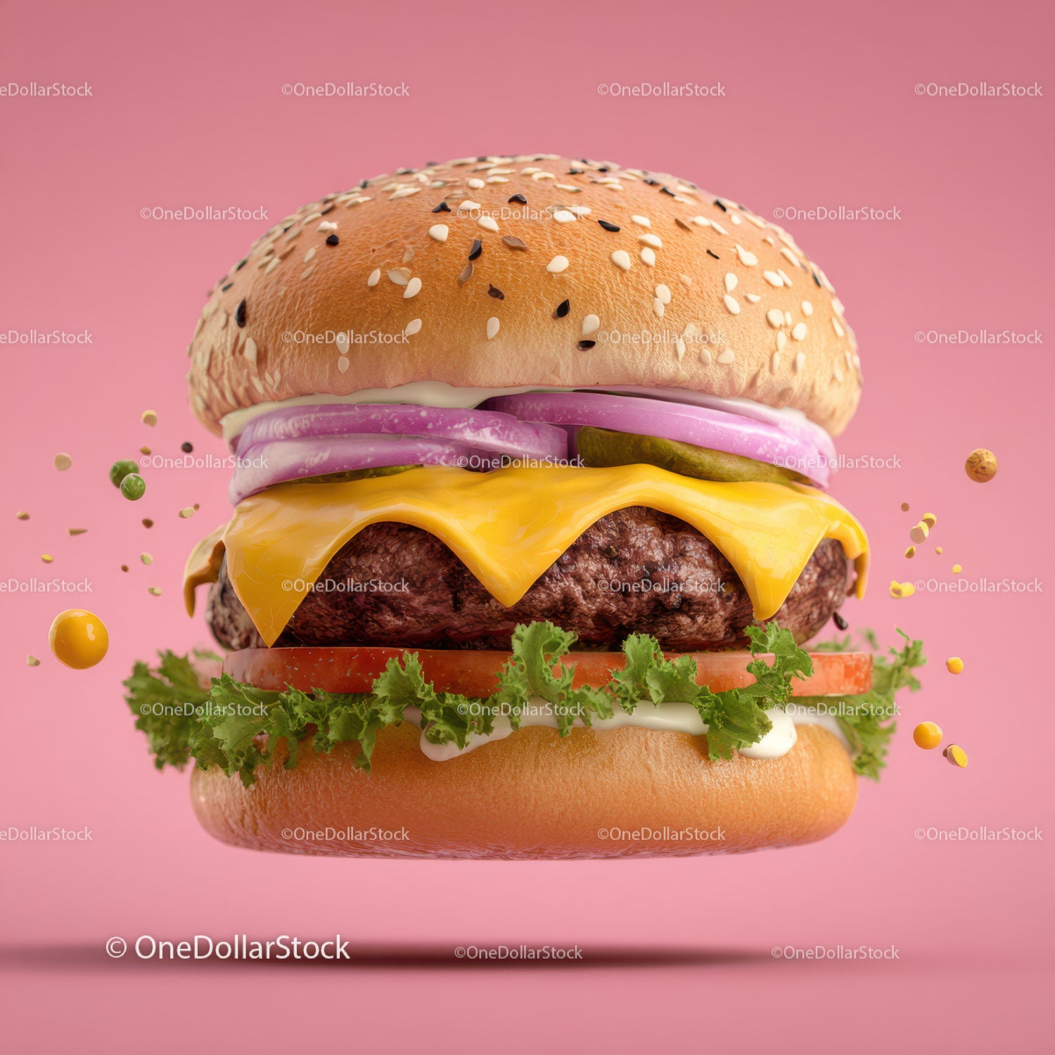 Juicy Cheeseburger with Melty Cheese and Fresh Vegetables on Pink Background (28 Images)
