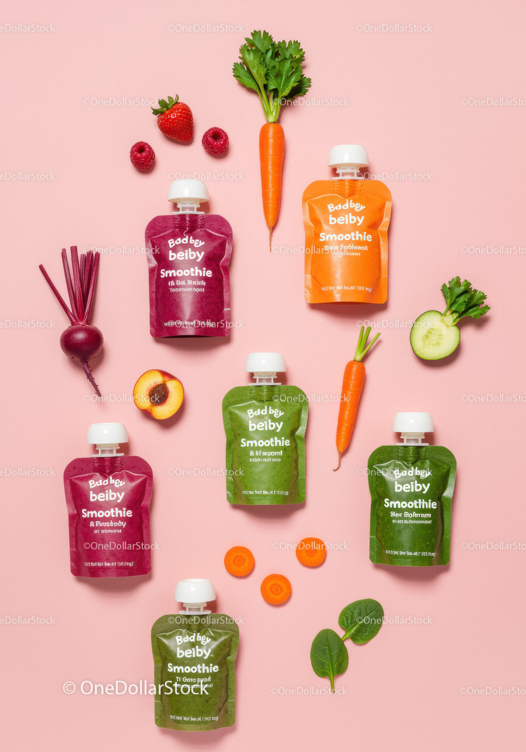 Colorful baby smoothie pouches with fresh ingredients