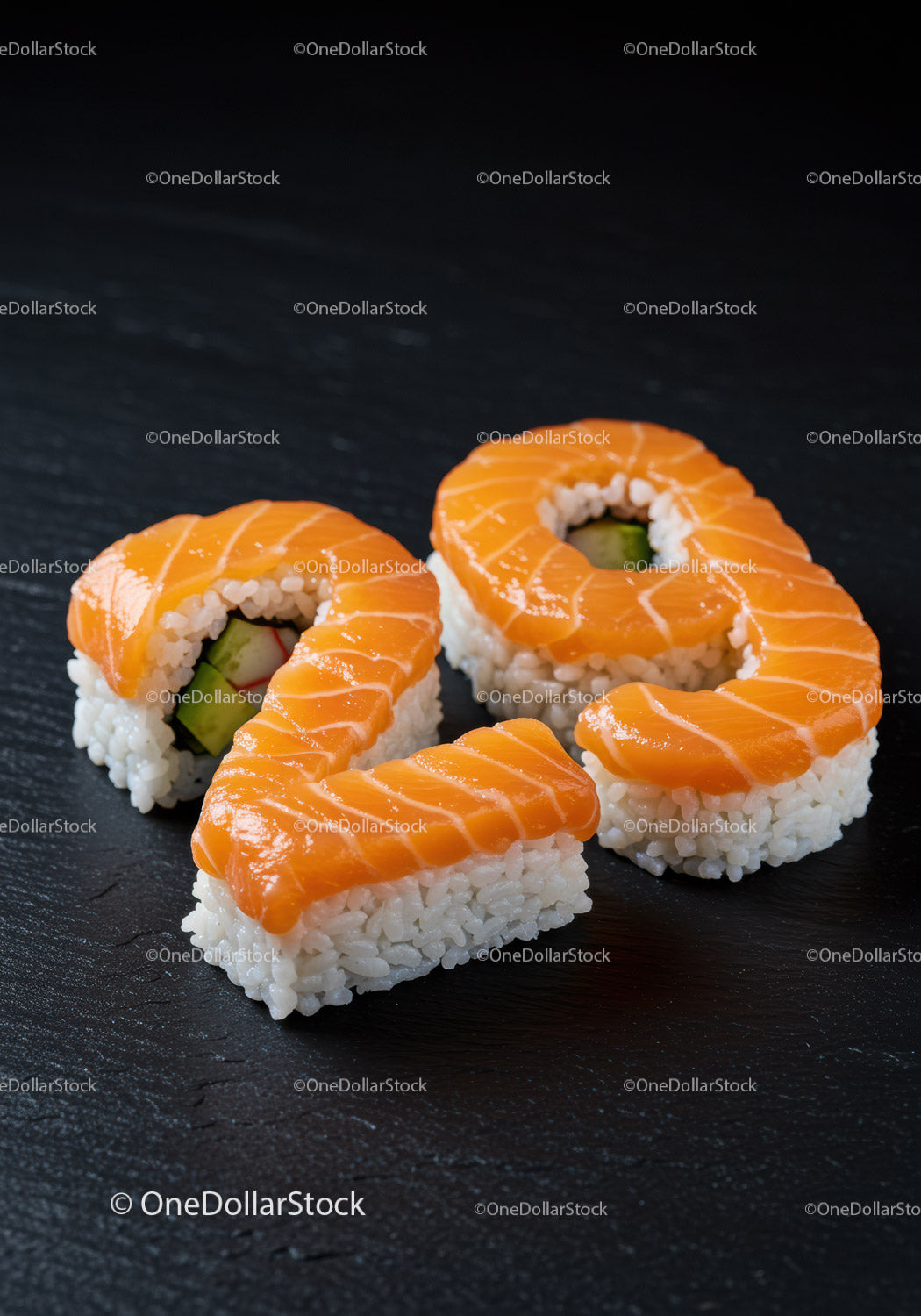 Sushi z łososia uformowane w kształt cyfry 29 na czarnym łupku