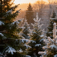 Snow-covered pine trees glowing in warm sunset light