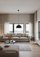 Bright Contemporary Living Room with Beige Sofa and Large Windows