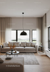 Bright Contemporary Living Room with Beige Sofa and Large Windows