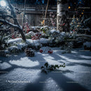 Winter garden scene with snow and red berries