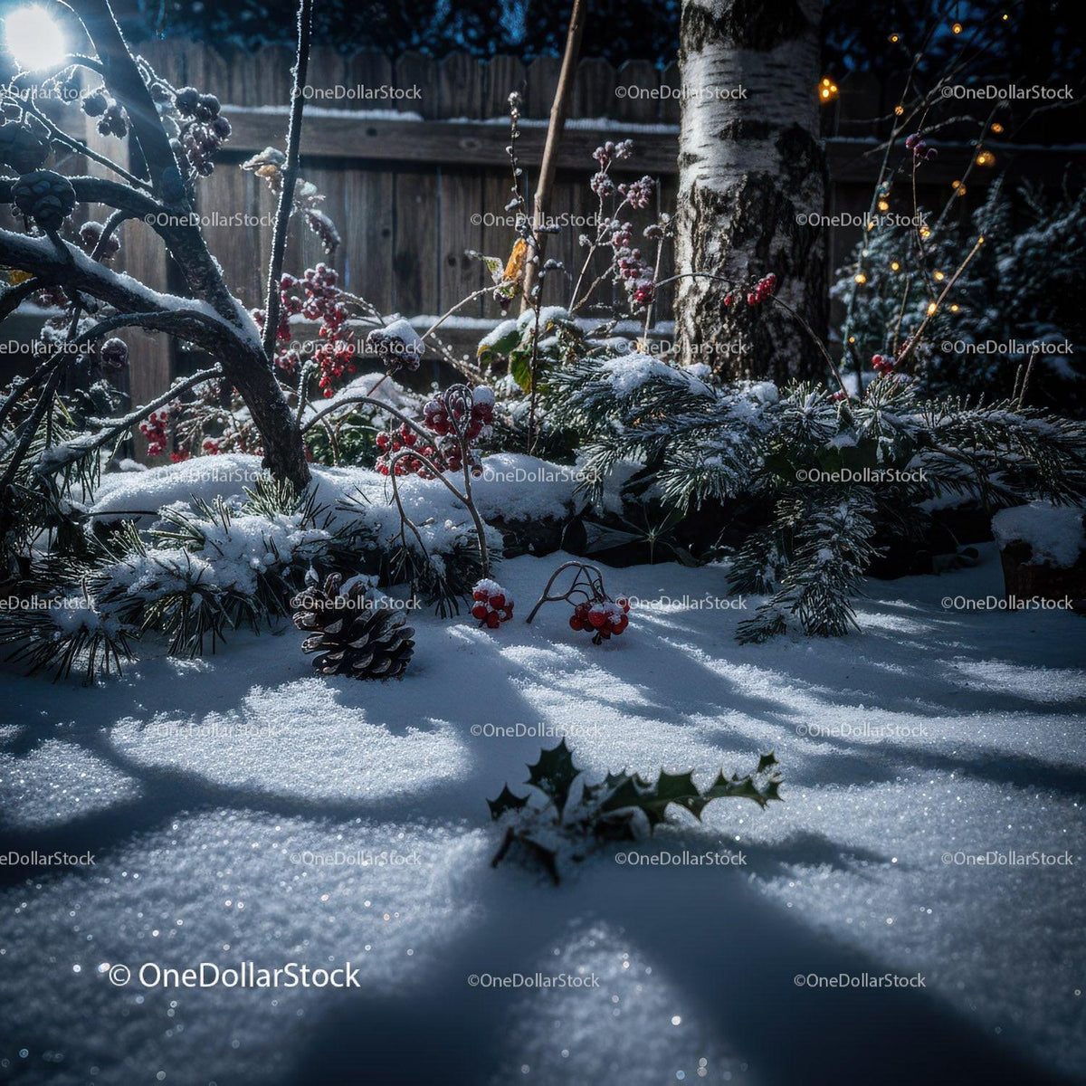 Winter garden scene with snow and red berries