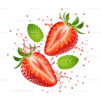 Juicy strawberry halves with fresh mint leaves splash