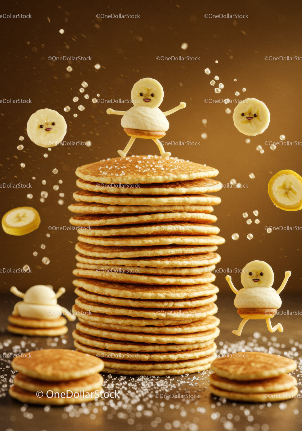 Playful banana characters dancing on pancake stack