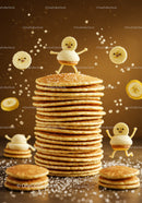 Playful banana characters dancing on pancake stack