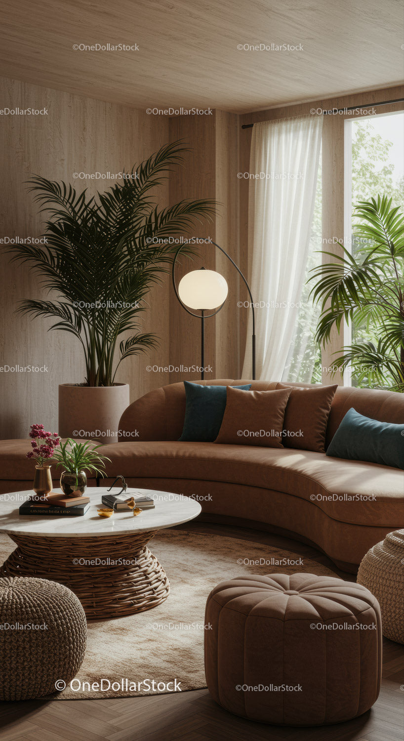 Przytulny salon z wygiętą sofą i akcentami zieleni