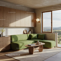 Cozy living room with green sofa and wooden accents