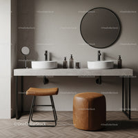Contemporary Bathroom with White Sinks and Round Mirrors