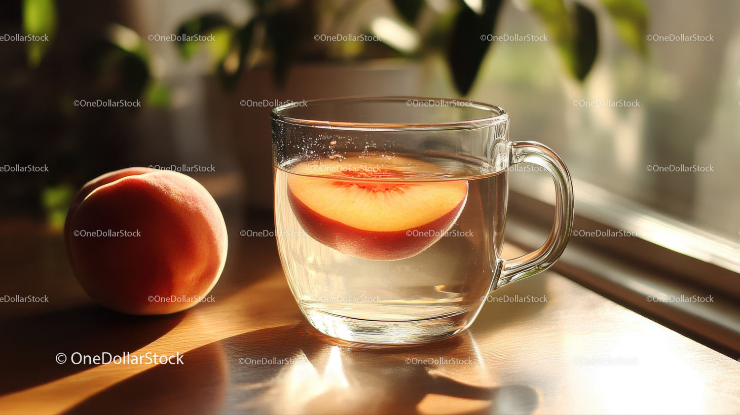 Peach Slices in Glass Cup of Water on Wooden Surface