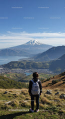 Hiker with Backpack Overlooking Mount Fuji and Scenic Valley