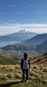 Hiker with Backpack Overlooking Mount Fuji and Scenic Valley