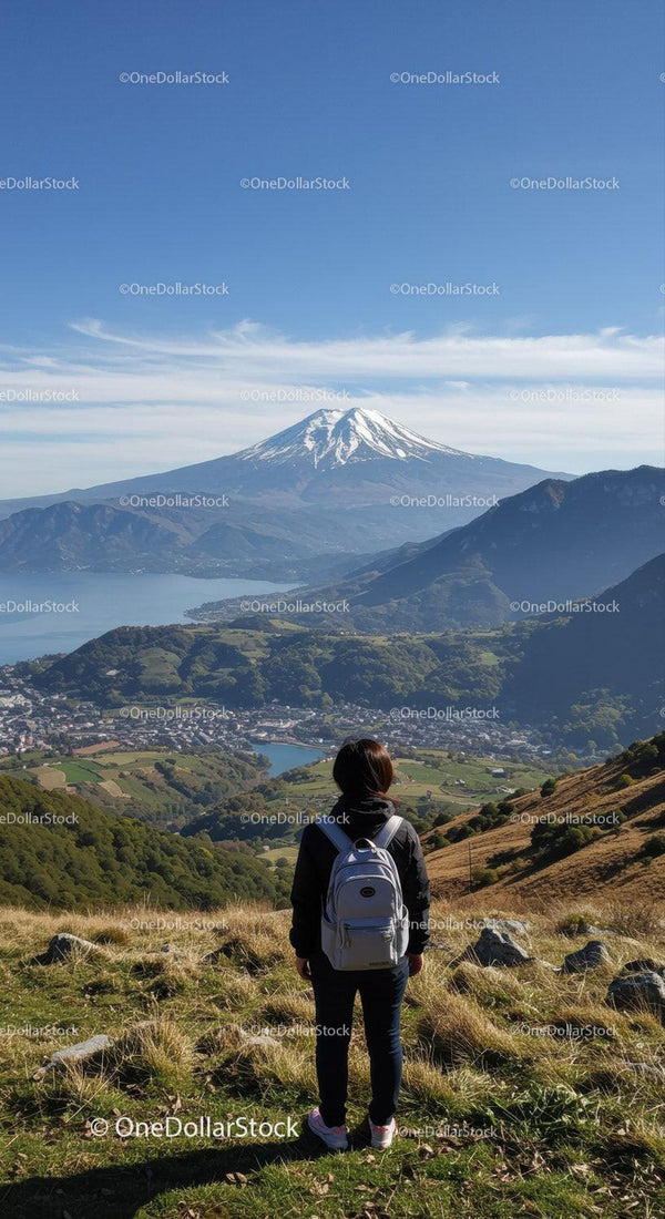 Hiker with Backpack Overlooking Mount Fuji and Scenic Valley