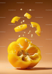 Yellow Bell Pepper with Floating Seeds and Slices
