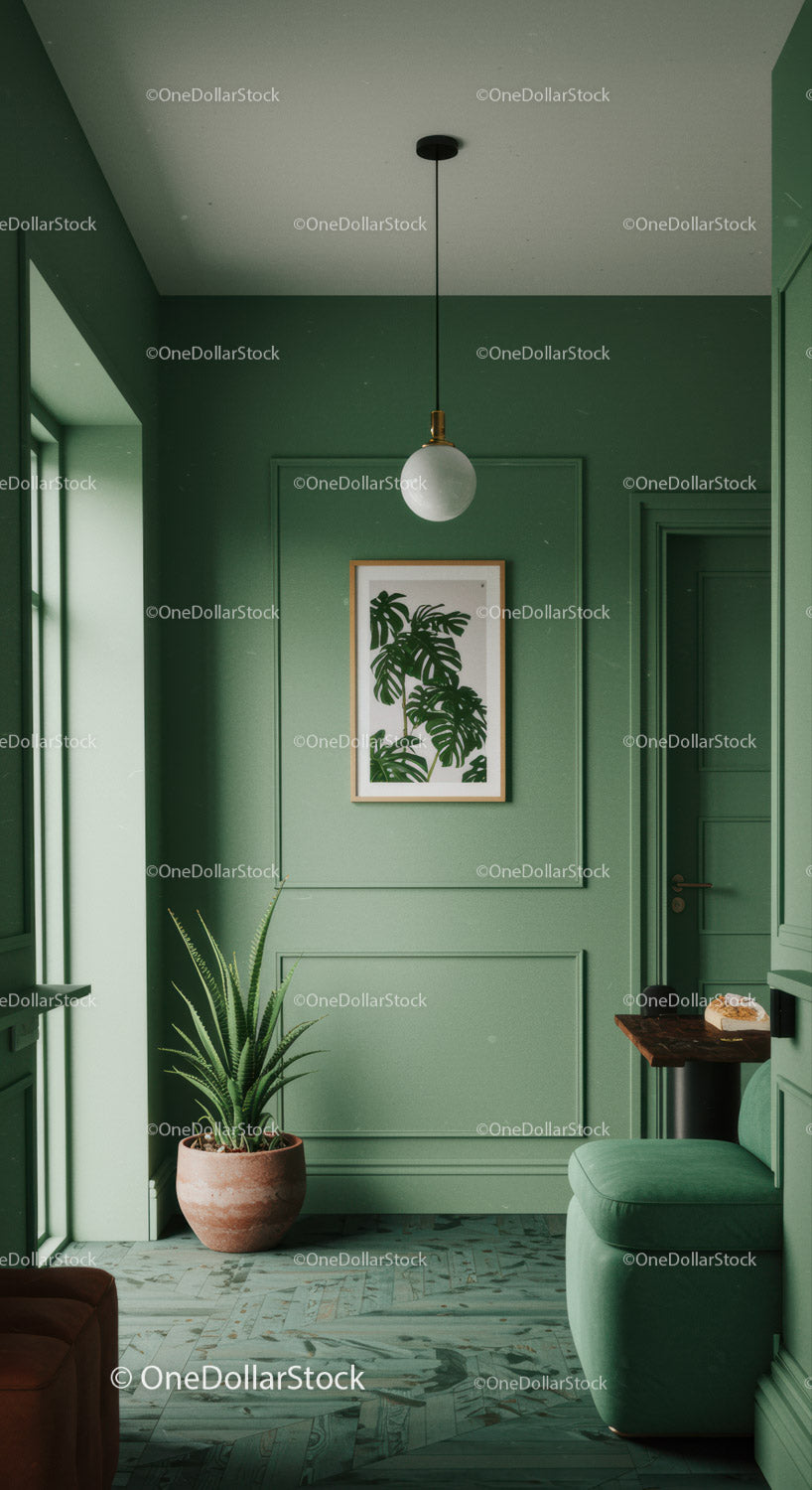 Stylowy, zielony salon z roślinami doniczkowymi i eleganckim wystrojem