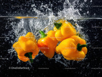 Bright Yellow Bell Peppers in Water Splash for Food and Health