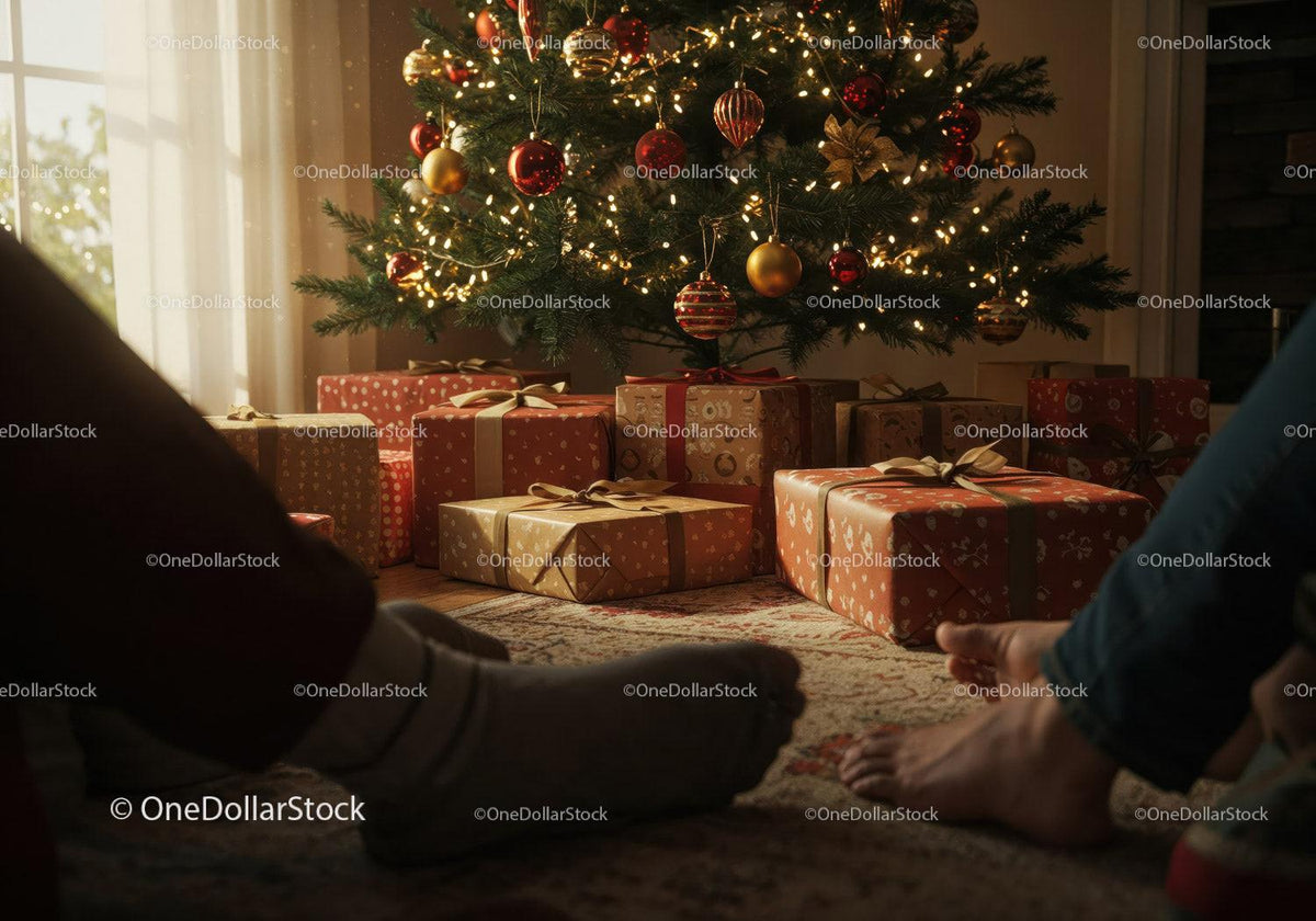 Cozy Christmas Morning with Presents Under Tree