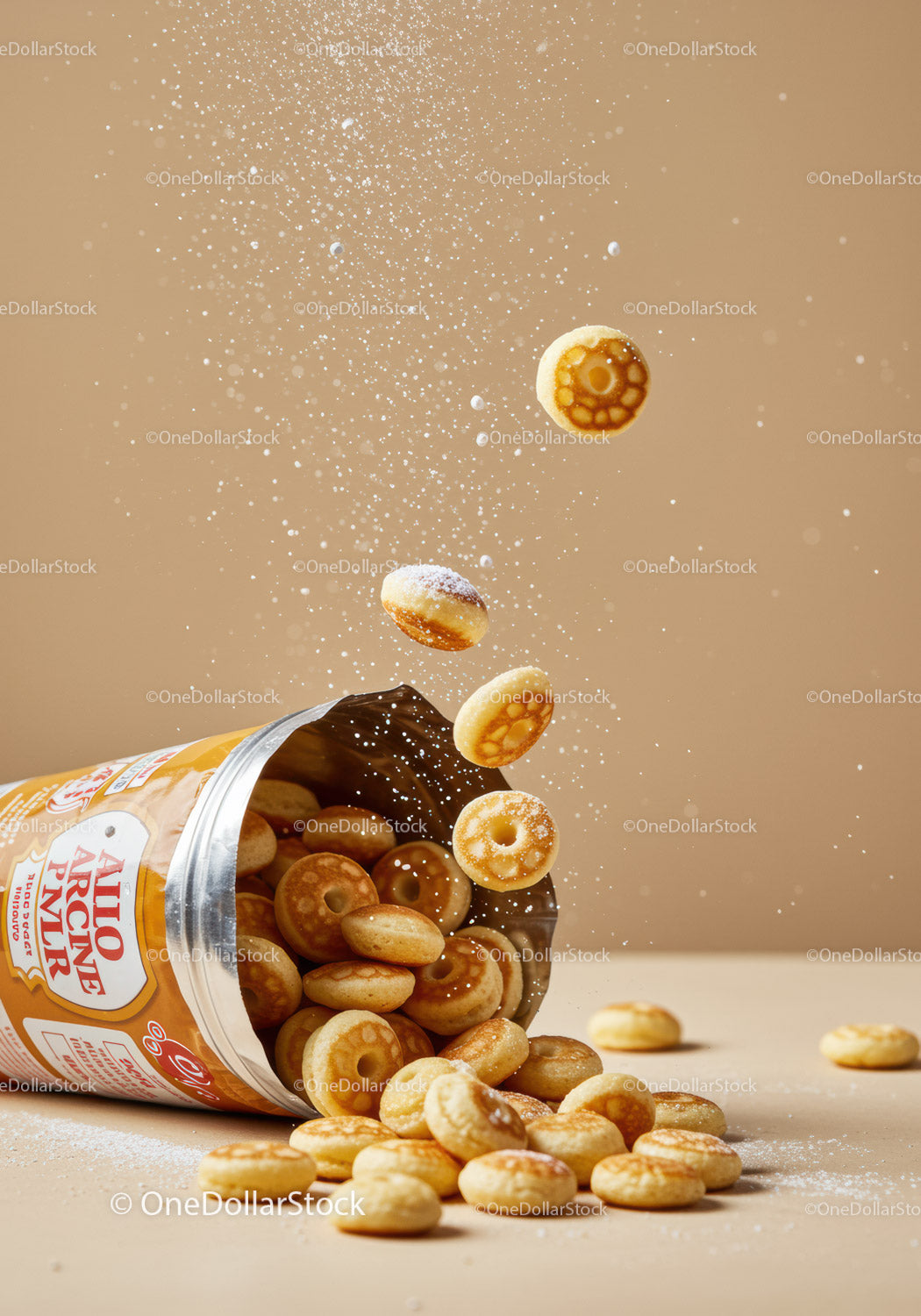 Mini Pancake Cereals Pouring from Open Packaging