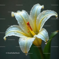 White lily in bloom with water droplets on delicate petals