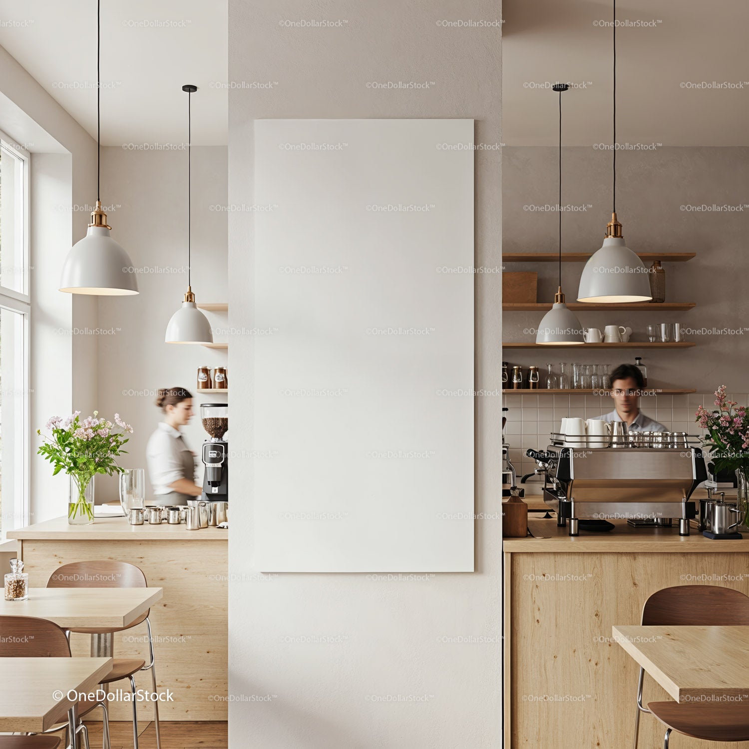 Cozy modern cafe interior with baristas at work