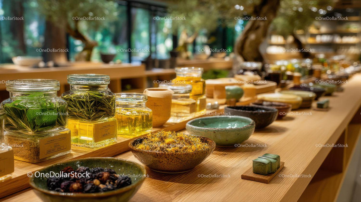 Herbal tea jars and artisanal pottery on rustic wooden display