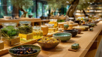 Herbal tea jars and artisanal pottery on rustic wooden display