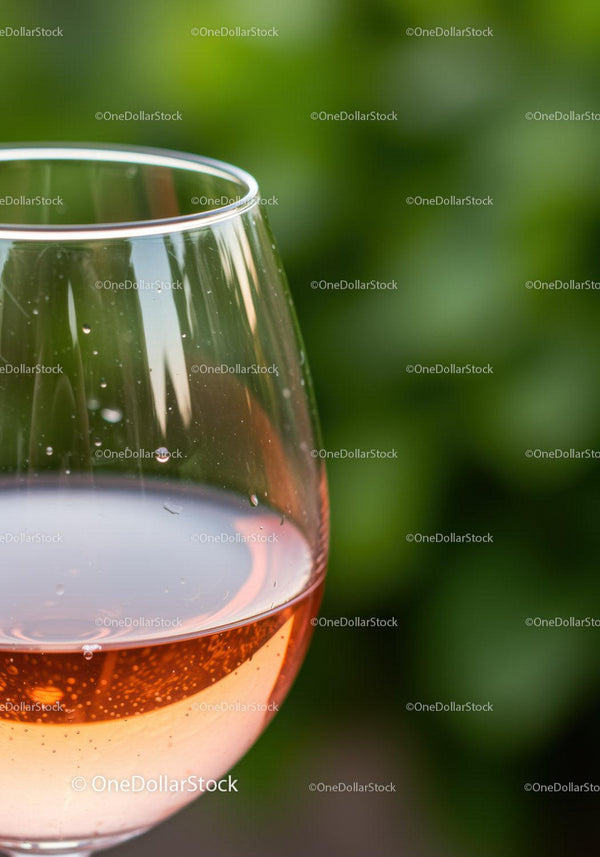 Close-up of rose wine glass with garden background