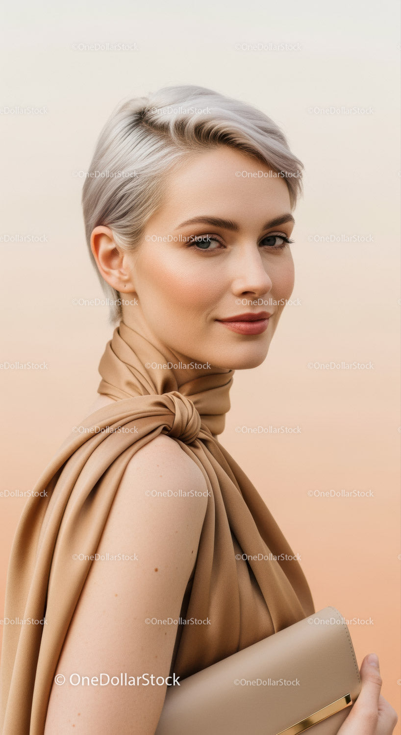 Elegant Woman with Blonde Short Hair in Beige Fashion Outfit