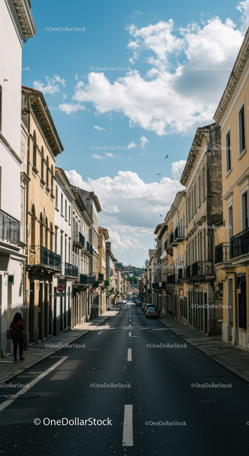 Charming European City Street with Historic Buildings and Blue Sky