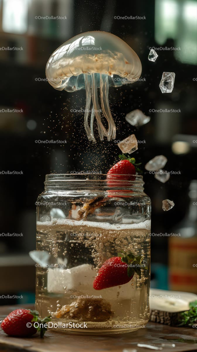 Strawberries and Jellyfish Creating a Splash in a Glass Jar