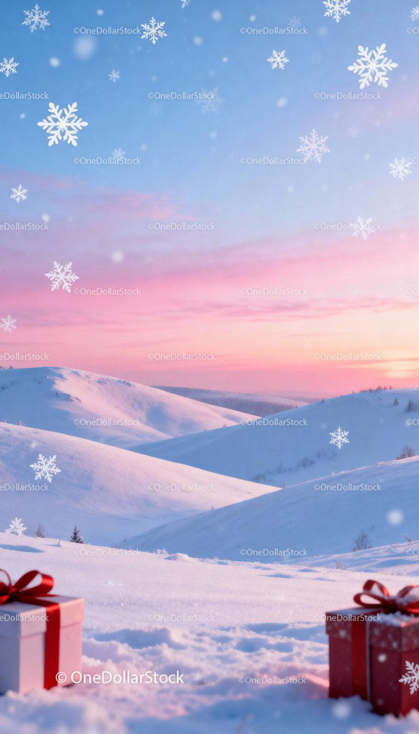 Winter landscape with snowy hills and festive gift boxes