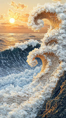 Surreal Ocean Wave Sculpture During Sunset with Clouds and Foam