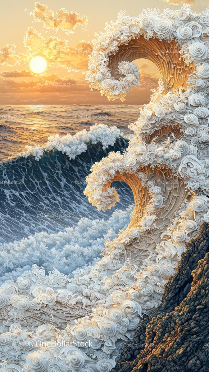 Surrealistyczna rzeźba fali oceanicznej podczas zachodu słońca z chmurami i pianą