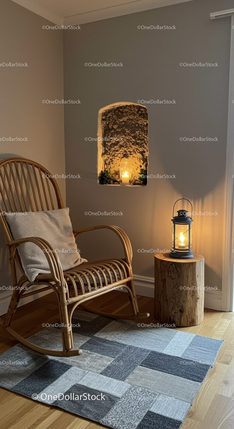 Cozy corner with rocking chair and warm lantern light