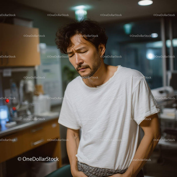 Stressed Man in Casual Clothing Showing Discomfort in Modern Kitchen