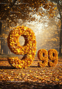 Autumn leaves shaped into number 9 and 99 in forest
